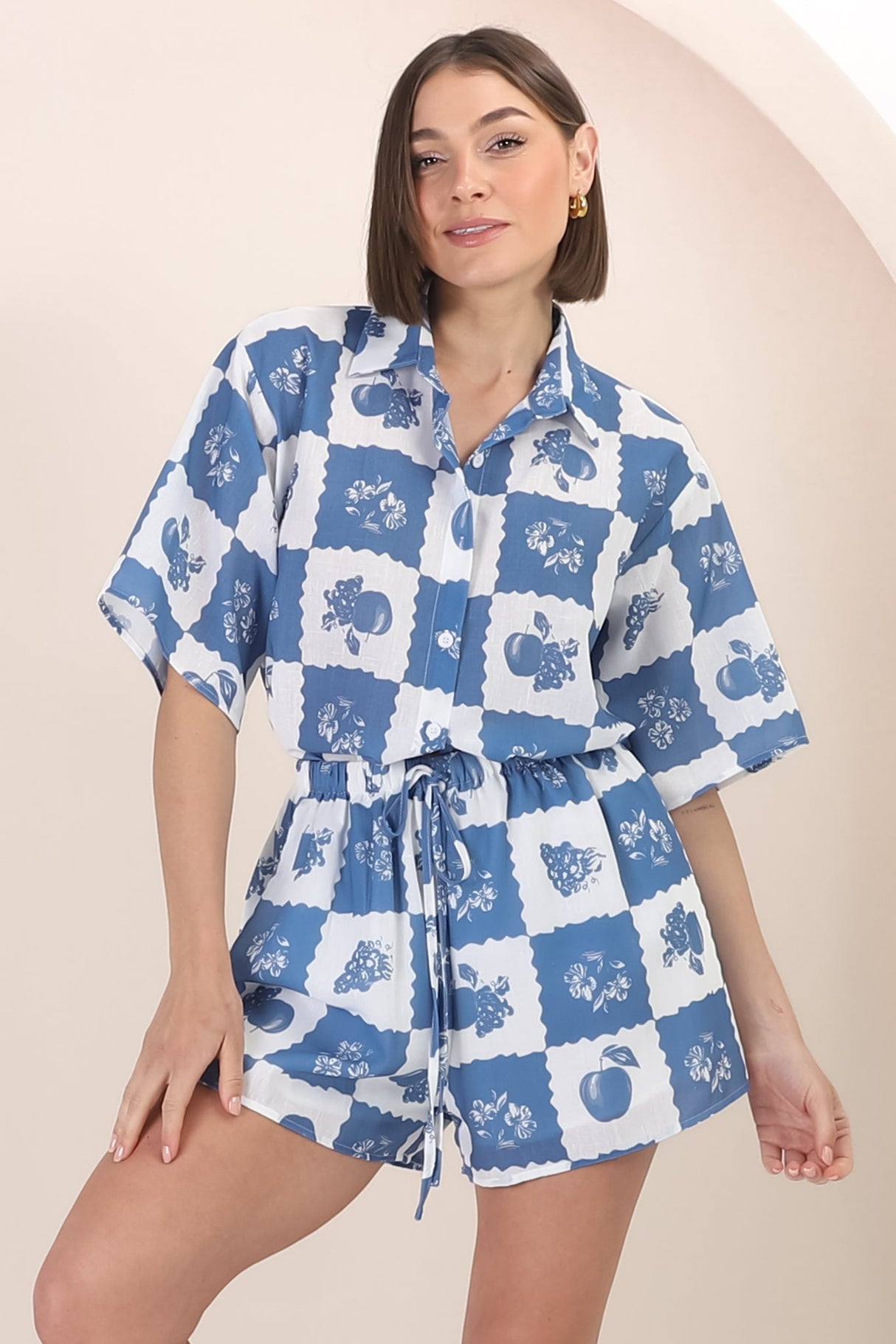 Mirian Button Up Shirt And Shorts Set - Flux Print in Blue