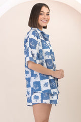 Mirian Button Up Shirt And Shorts Set - Flux Print in Blue