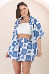 Mirian Button Up Shirt And Shorts Set - Flux Print in Blue