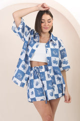 Mirian Button Up Shirt And Shorts Set - Flux Print in Blue