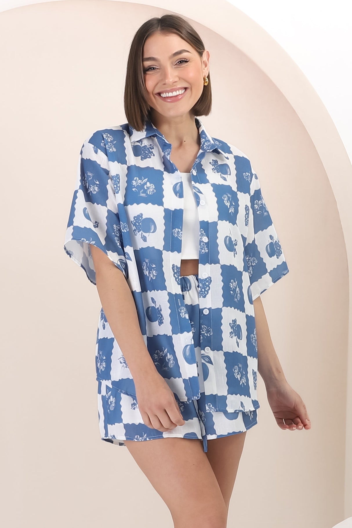 Mirian Button Up Shirt And Shorts Set - Flux Print in Blue