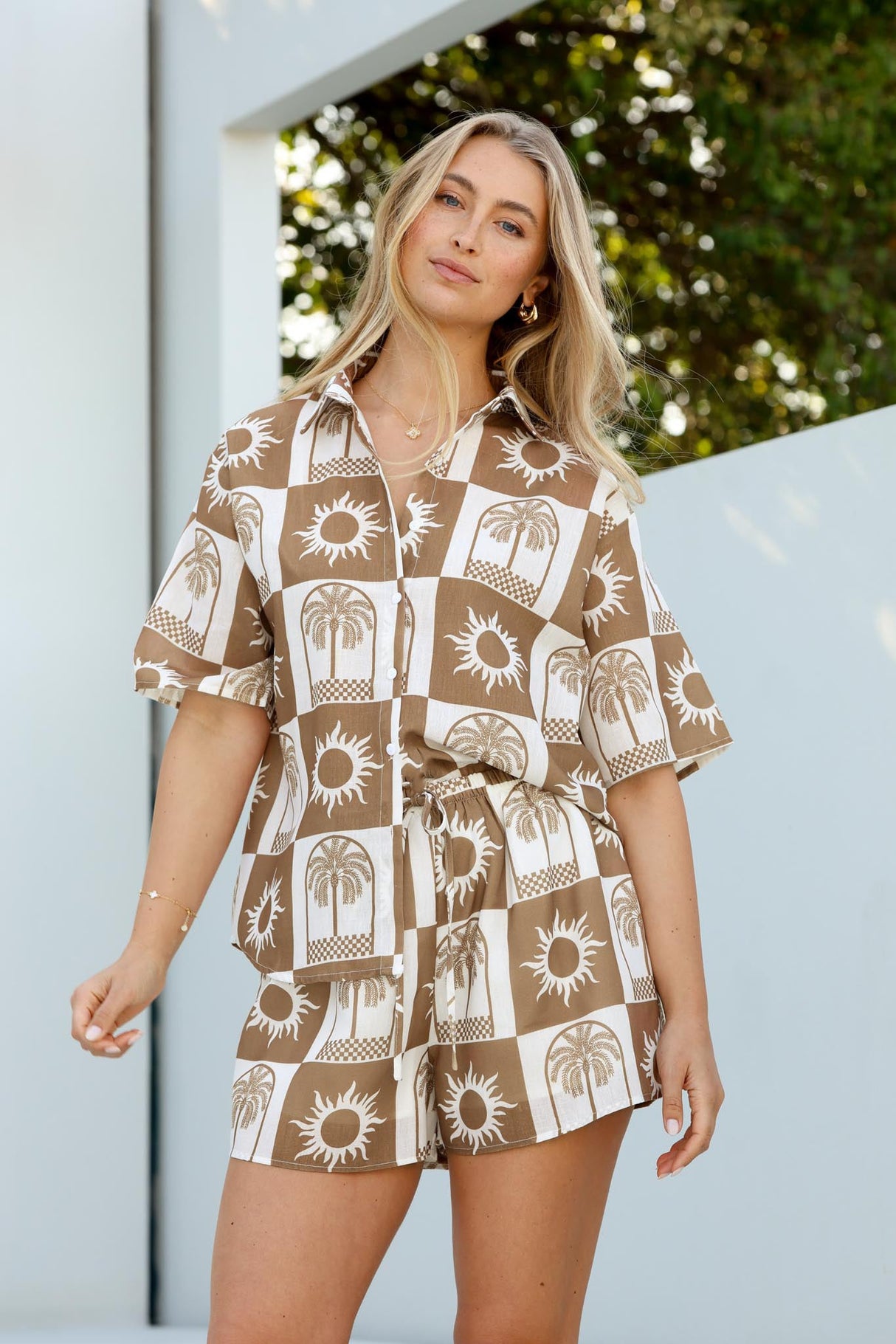 Mirian Button Up Shirt And Shorts Set - Layah Print in Beige