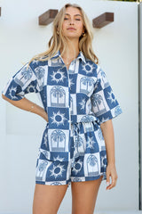 Mirian Button Up Shirt And Shorts Set - Layah Print in Blue