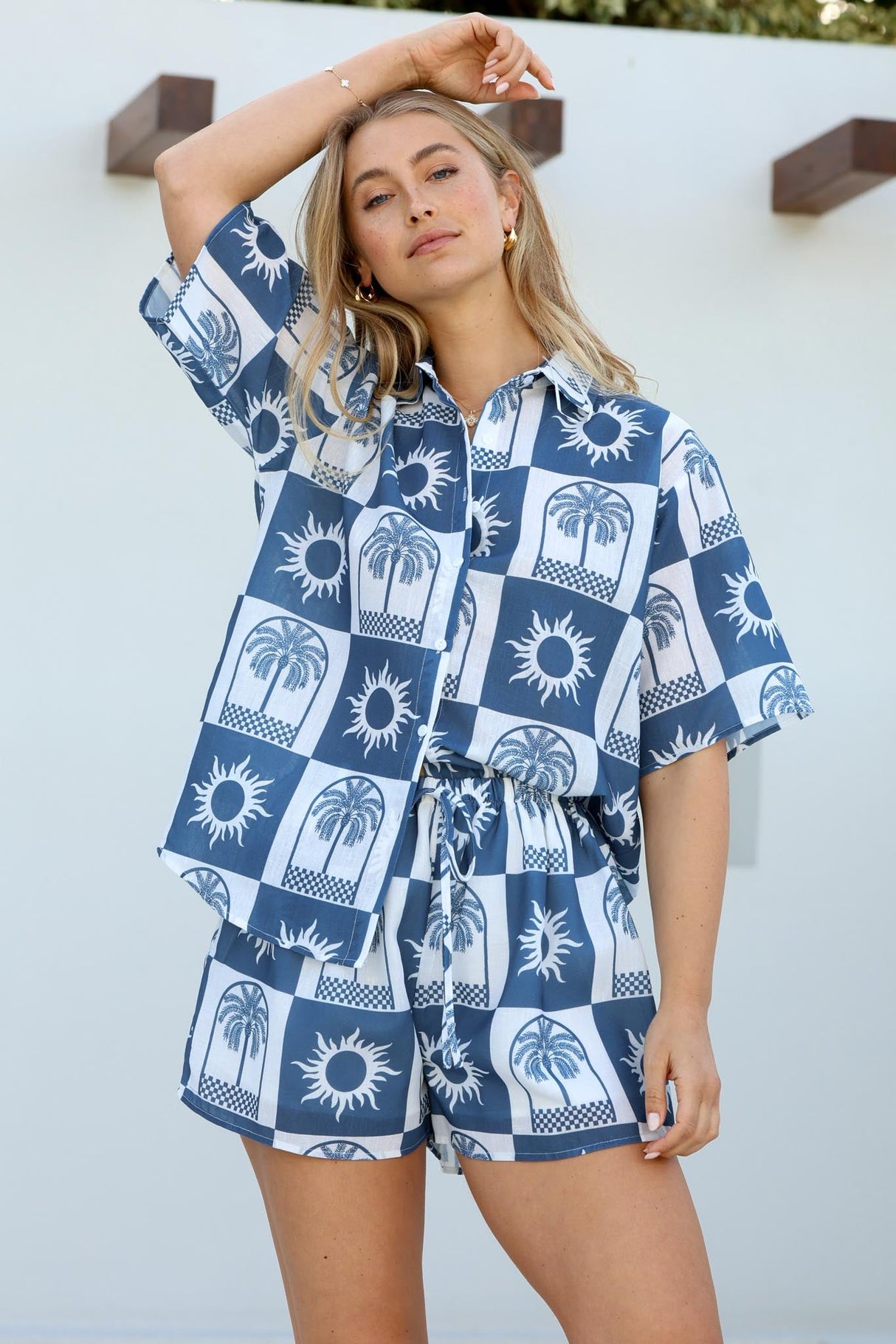 Mirian Button Up Shirt And Shorts Set - Layah Print in Blue