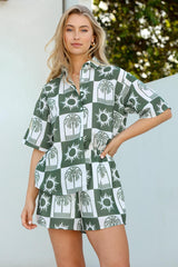 Mirian Button Up Shirt And Shorts Set - Layah Print in Green