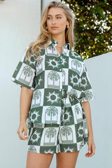 Mirian Button Up Shirt And Shorts Set - Layah Print in Green