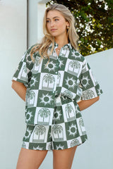 Mirian Button Up Shirt And Shorts Set - Layah Print in Green