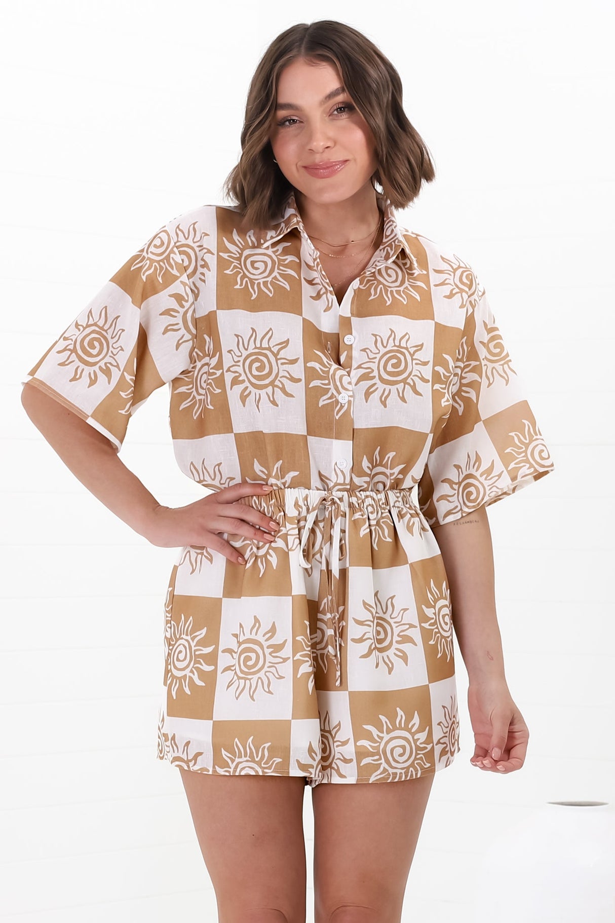 Mirian Button Up Shirt And Shorts Set - Tiller Print in Beige