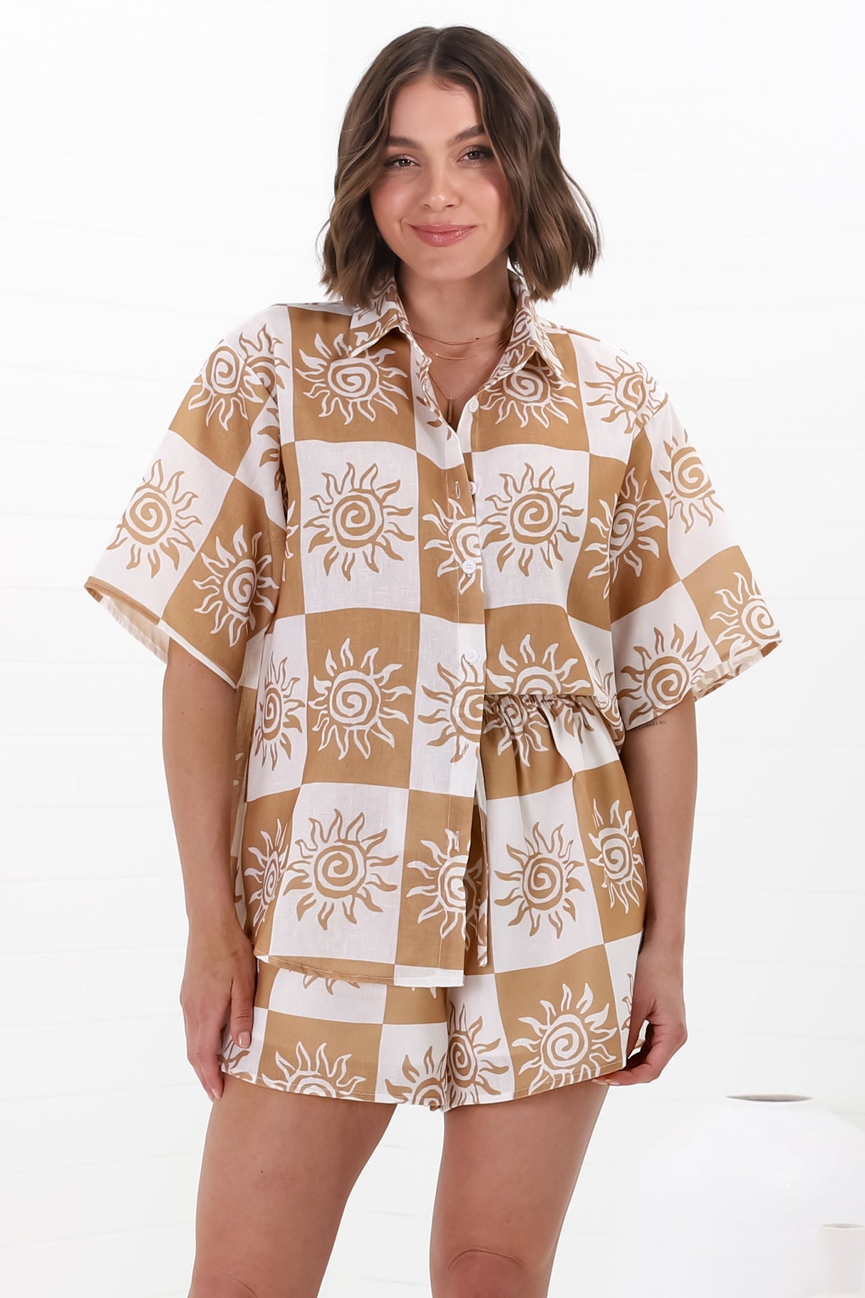 Mirian Button Up Shirt And Shorts Set - Tiller Print in Beige