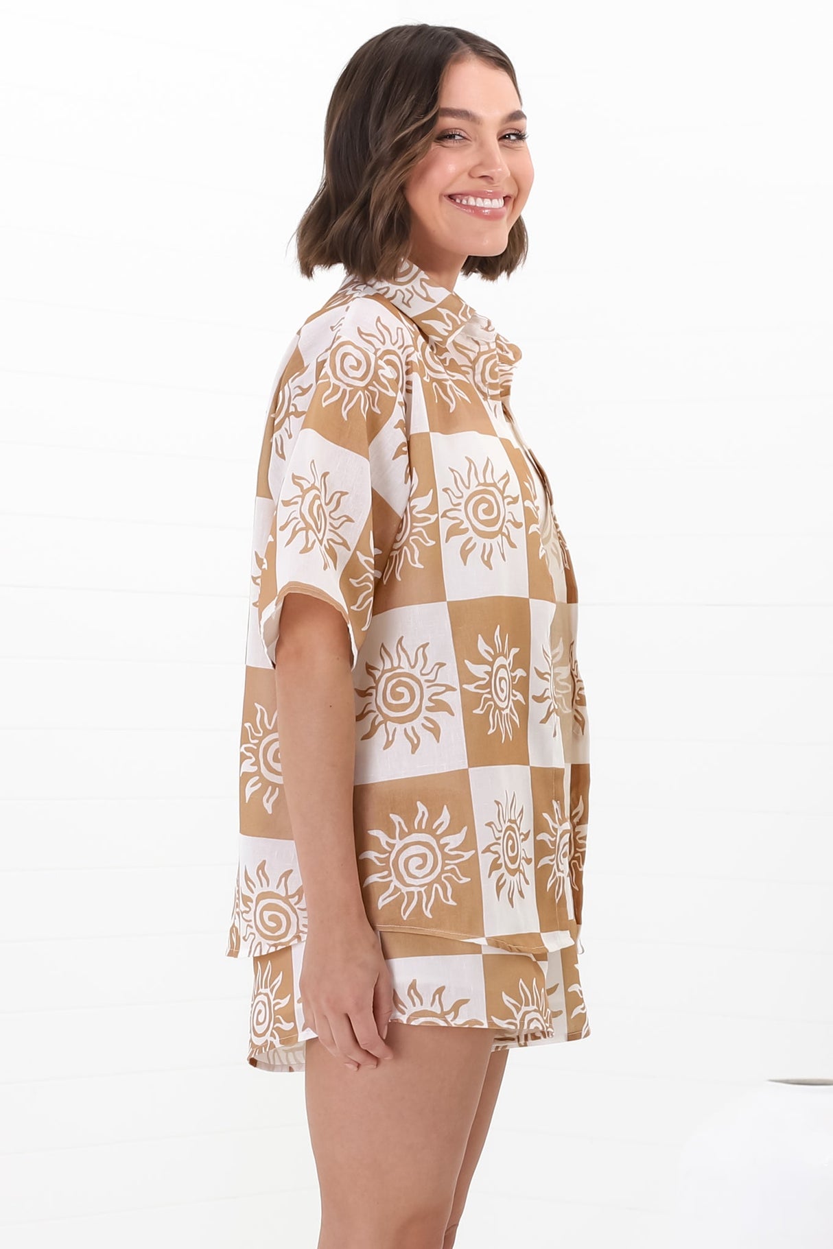 Mirian Button Up Shirt And Shorts Set - Tiller Print in Beige