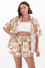 Mirian Button Up Shirt And Shorts Set - Tiller Print in Beige