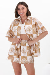 Mirian Button Up Shirt And Shorts Set - Tiller Print in Beige