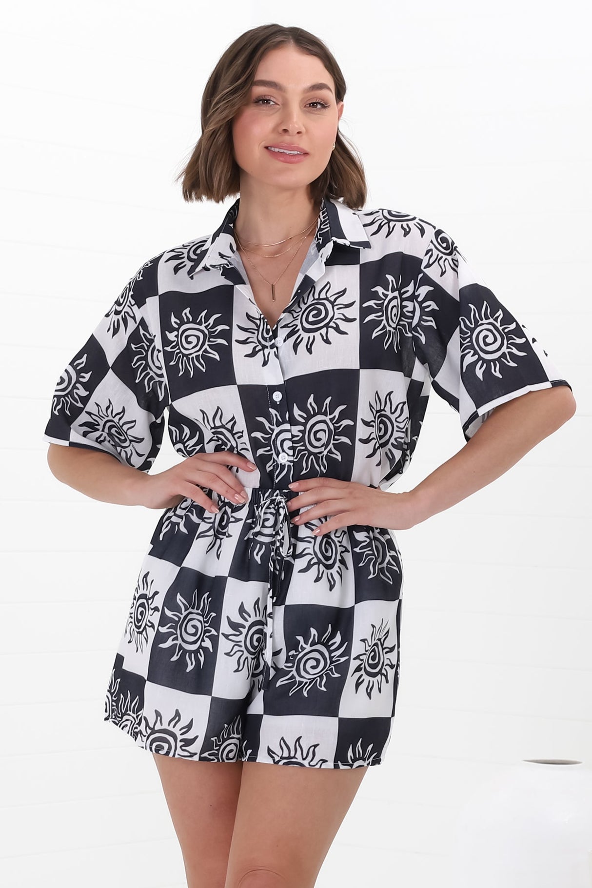 Mirian Button Up Shirt And Shorts Set - Tiller Print in Black