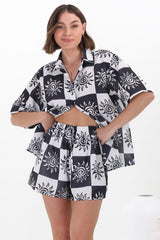 Mirian Button Up Shirt And Shorts Set - Tiller Print in Black