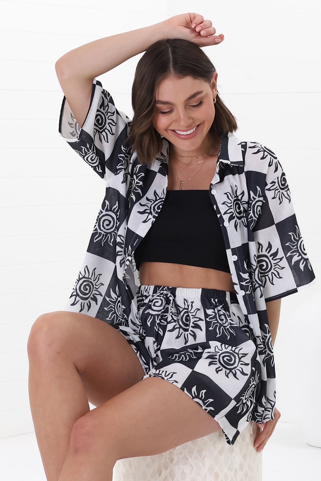 Mirian Button Up Shirt And Shorts Set - Tiller Print in Black