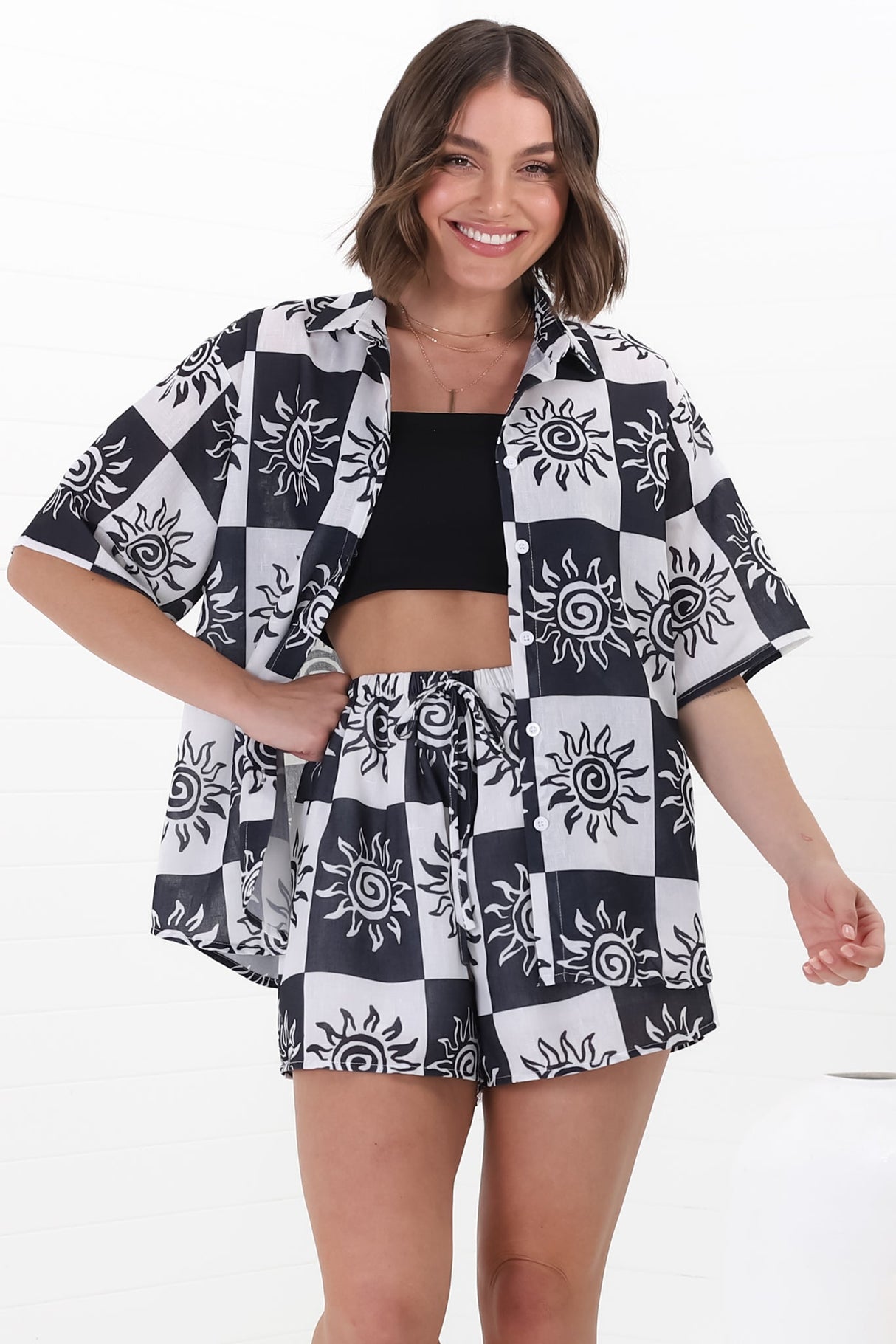 Mirian Button Up Shirt And Shorts Set - Tiller Print in Black