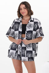 Mirian Button Up Shirt And Shorts Set - Tiller Print in Black