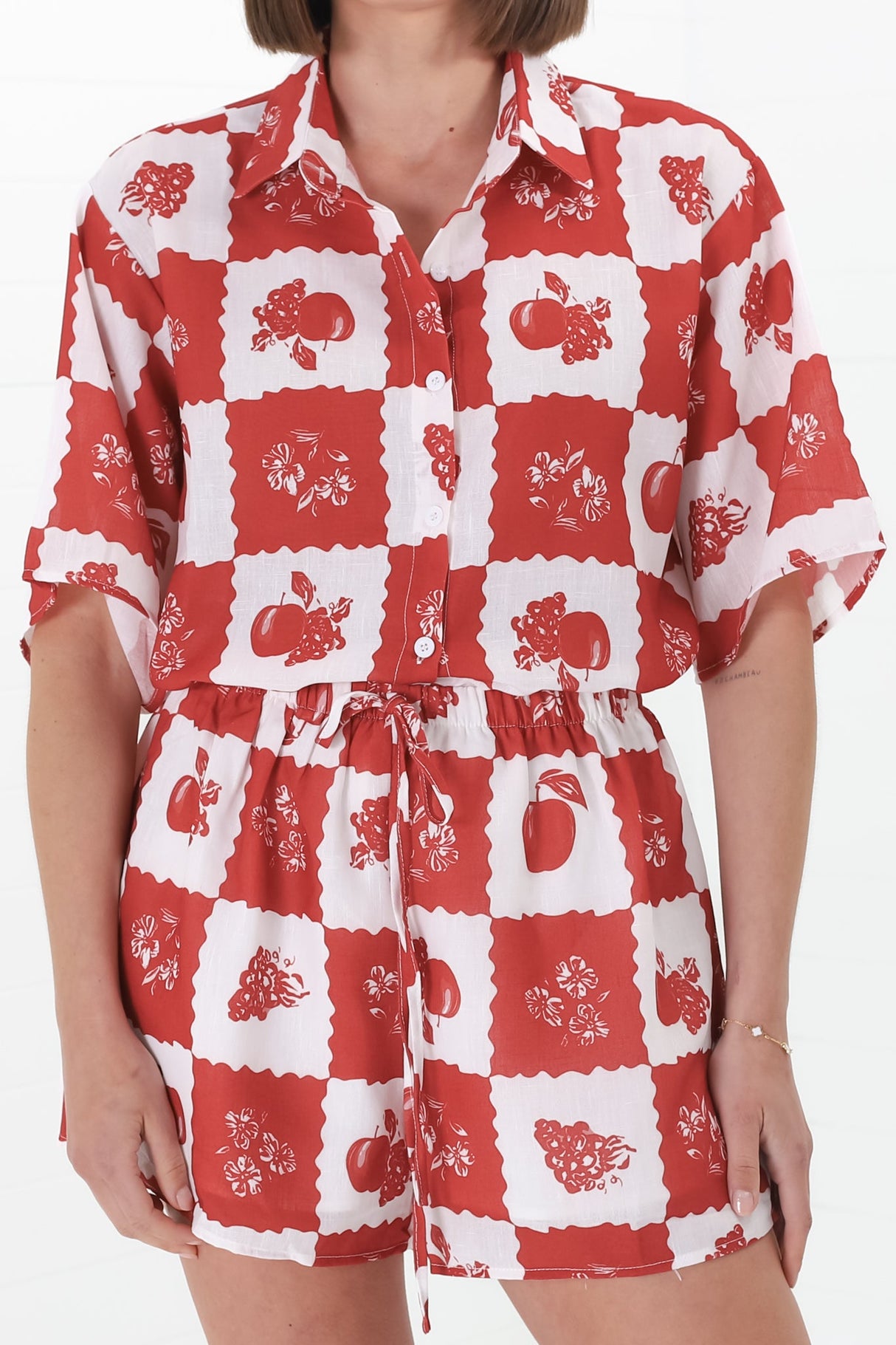 Mirian Button Up Shirt And Shorts Set - Flux Print in Red