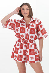 Mirian Button Up Shirt And Shorts Set - Flux Print in Red