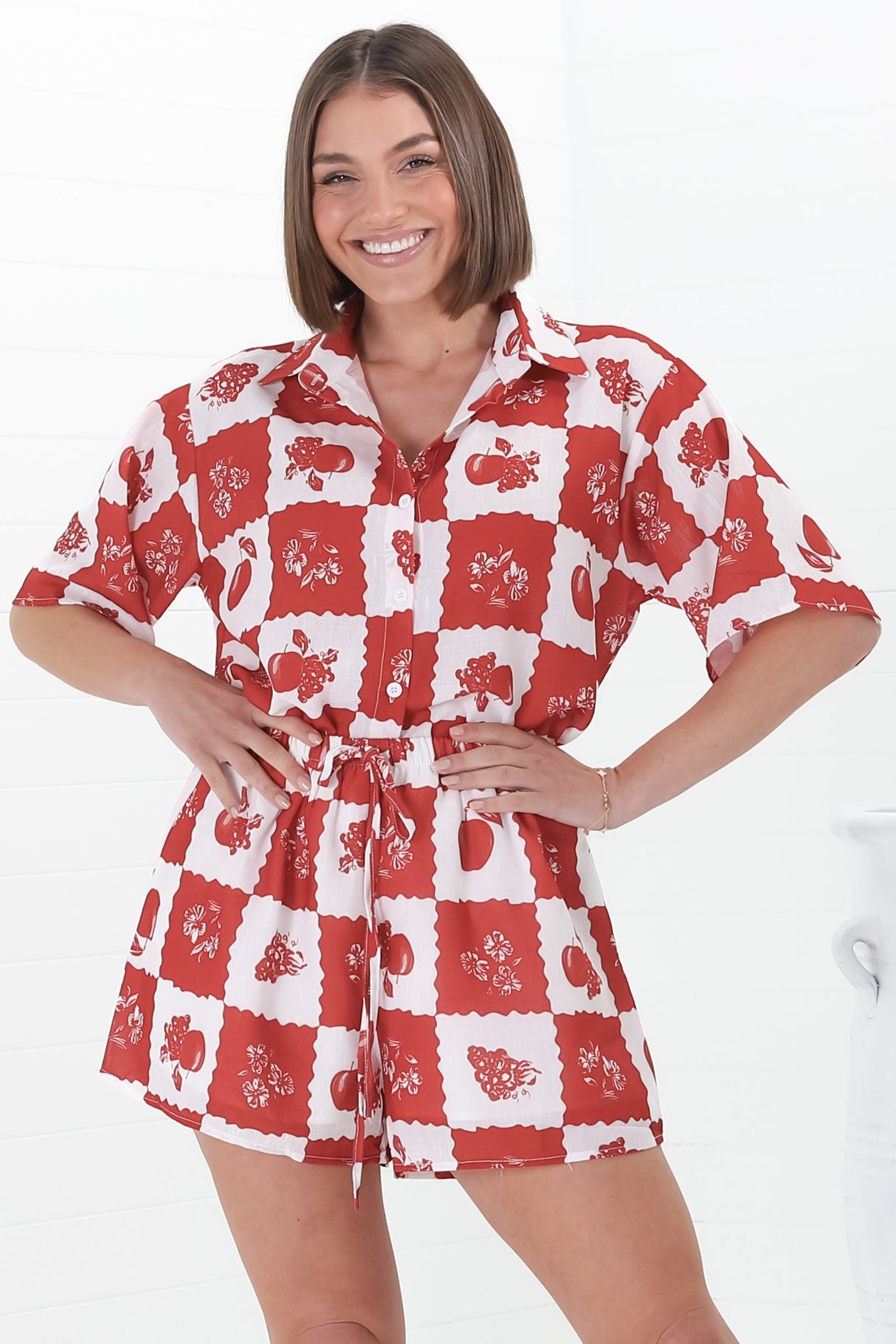 Mirian Button Up Shirt And Shorts Set - Flux Print in Red