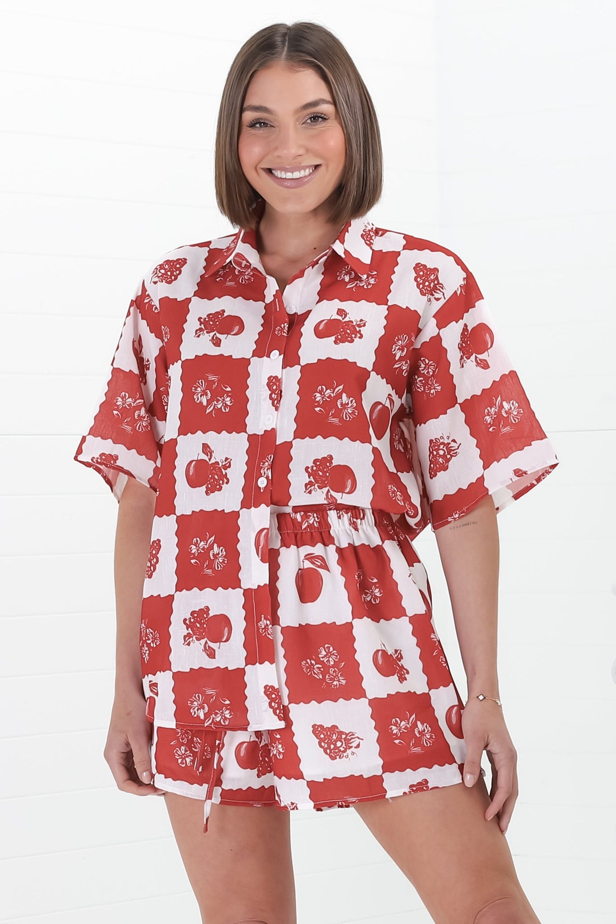 Mirian Button Up Shirt And Shorts Set - Flux Print in Red