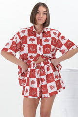 Mirian Button Up Shirt And Shorts Set - Flux Print in Red