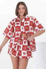 Mirian Button Up Shirt And Shorts Set - Flux Print in Red