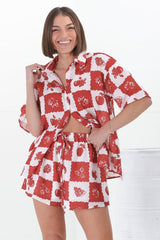 Mirian Button Up Shirt And Shorts Set - Flux Print in Red