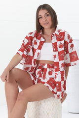 Mirian Button Up Shirt And Shorts Set - Flux Print in Red