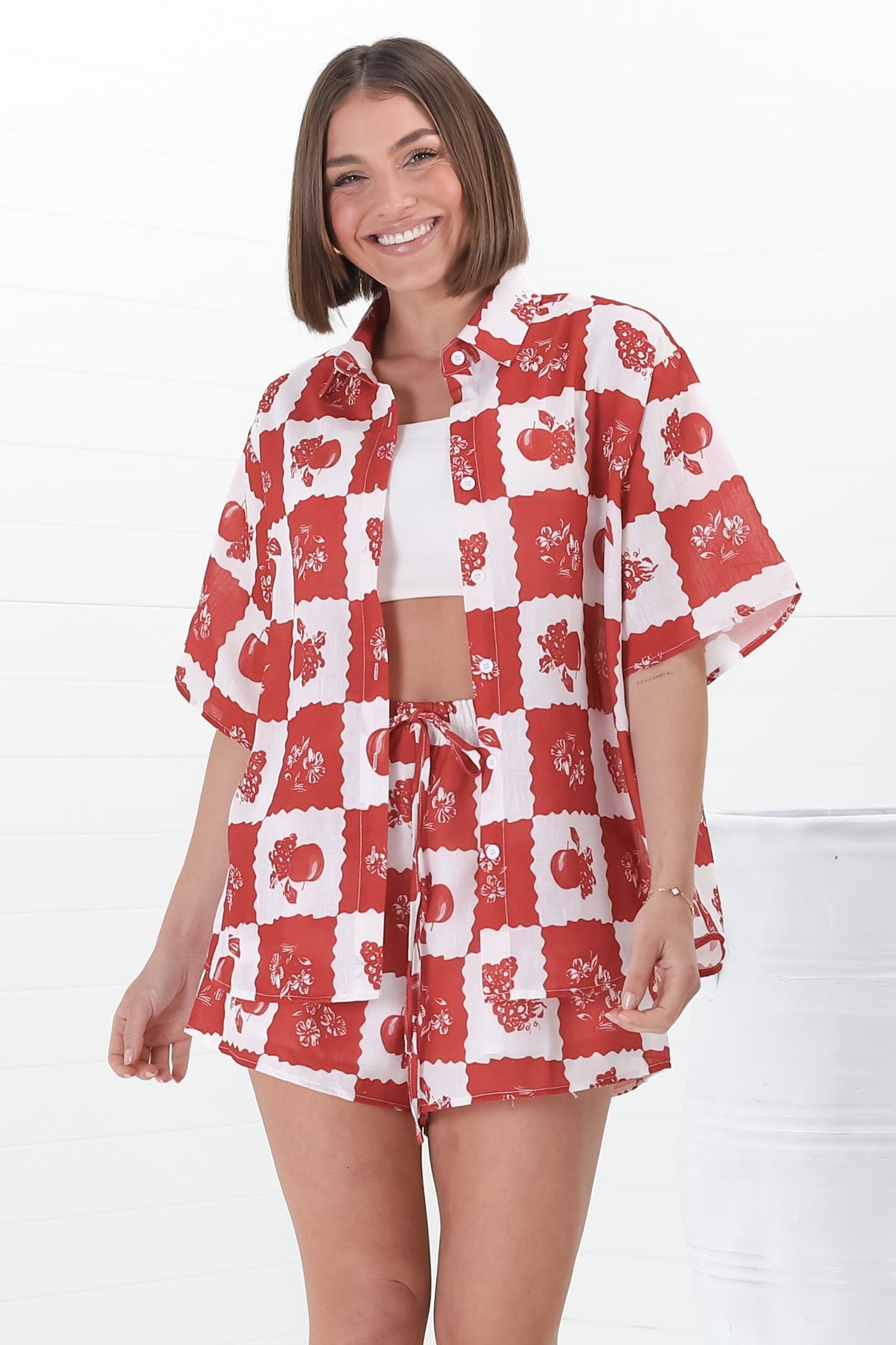 Mirian Button Up Shirt And Shorts Set - Flux Print in Red