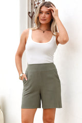 Mirra Shorts - High Waisted Long Line Shorts with Pockets in Green