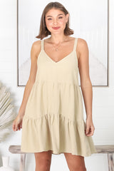 Missy Mini Dress - Thick Adjustable Strap Tiered Sun Dress in Beige