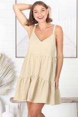 Missy Mini Dress - Thick Adjustable Strap Tiered Sun Dress in Beige