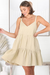 Missy Mini Dress - Thick Adjustable Strap Tiered Sun Dress in Beige