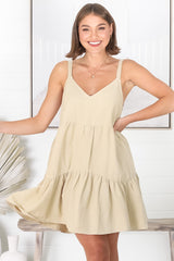 Missy Mini Dress - Thick Adjustable Strap Tiered Sun Dress in Beige