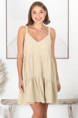 Missy Mini Dress - Thick Adjustable Strap Tiered Sun Dress in Beige