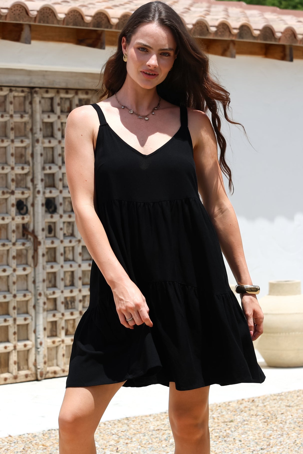 Missy Mini Dress - Thick Adjustable Strap Tiered Sun Dress in Black
