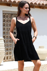 Missy Mini Dress - Thick Adjustable Strap Tiered Sun Dress in Black