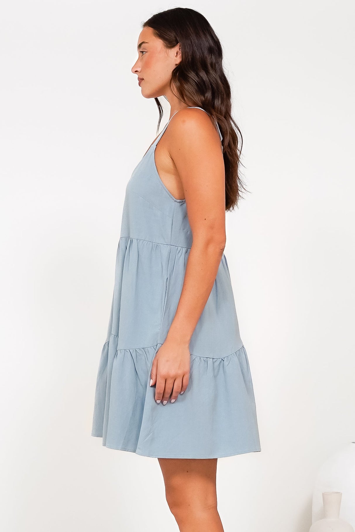 Missy Mini Dress - Thick Adjustable Strap Tiered Sun Dress in Light Blue