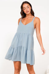 Missy Mini Dress - Thick Adjustable Strap Tiered Sun Dress in Light Blue