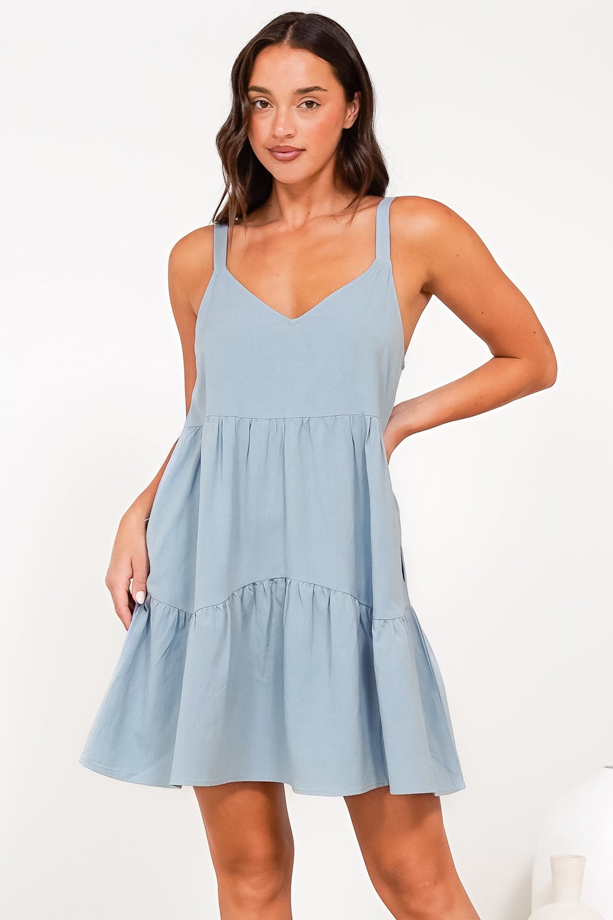 Missy Mini Dress - Thick Adjustable Strap Tiered Sun Dress in Light Blue