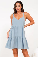 Missy Mini Dress - Thick Adjustable Strap Tiered Sun Dress in Light Blue
