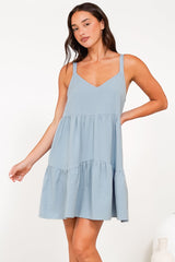 Missy Mini Dress - Thick Adjustable Strap Tiered Sun Dress in Light Blue