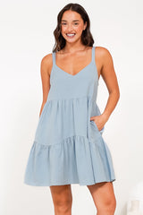 Missy Mini Dress - Thick Adjustable Strap Tiered Sun Dress in Light Blue