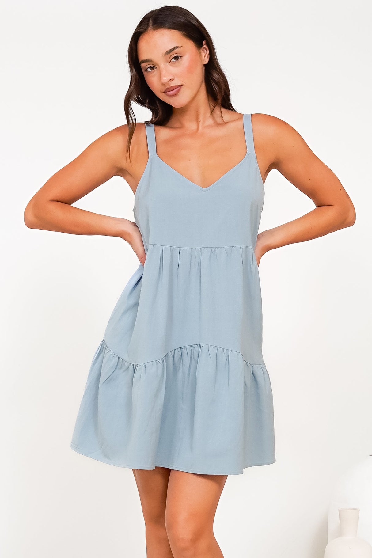 Missy Mini Dress - Thick Adjustable Strap Tiered Sun Dress in Light Blue
