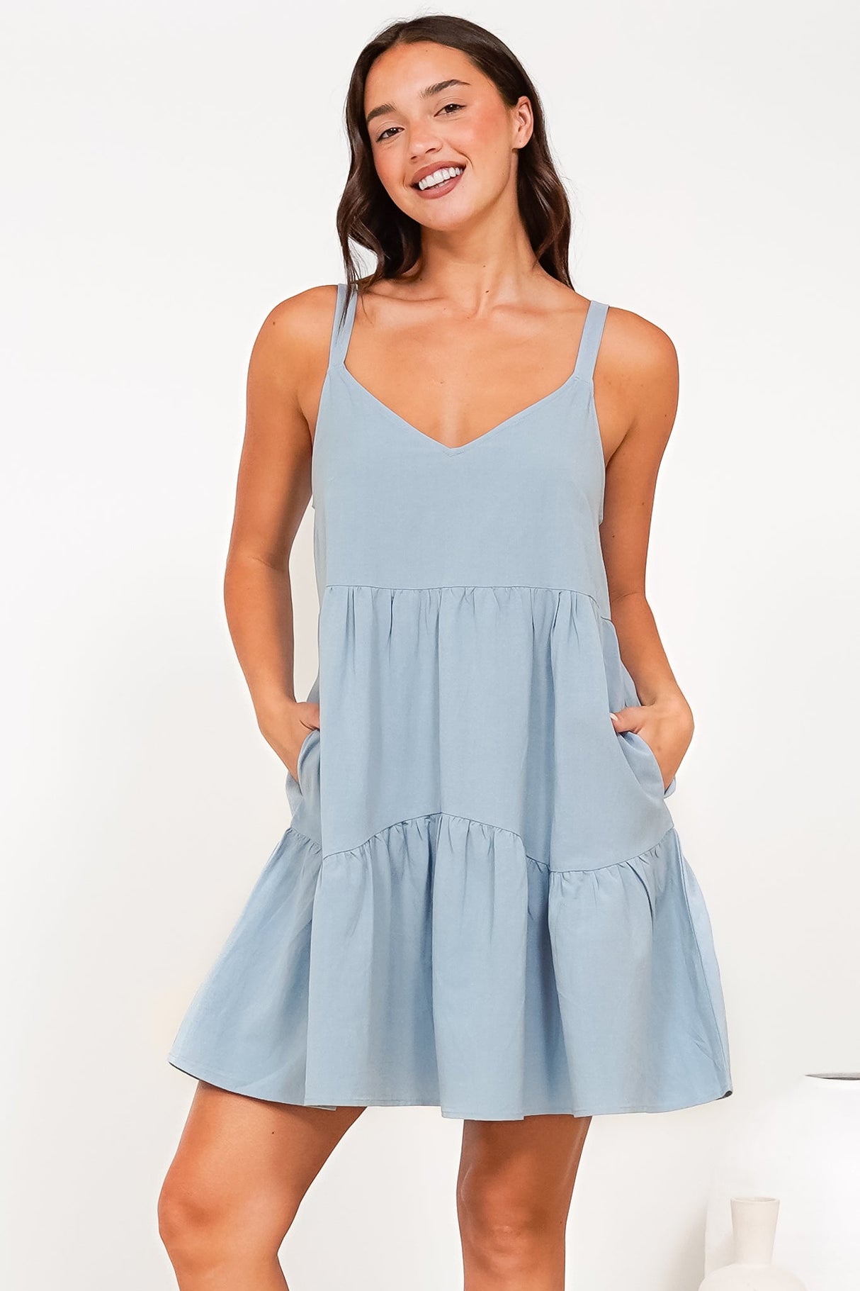 Missy Mini Dress - Thick Adjustable Strap Tiered Sun Dress in Light Blue