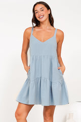 Missy Mini Dress - Thick Adjustable Strap Tiered Sun Dress in Light Blue
