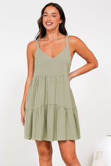 Missy Mini Dress - Thick Adjustable Strap Tiered Sun Dress in Sage