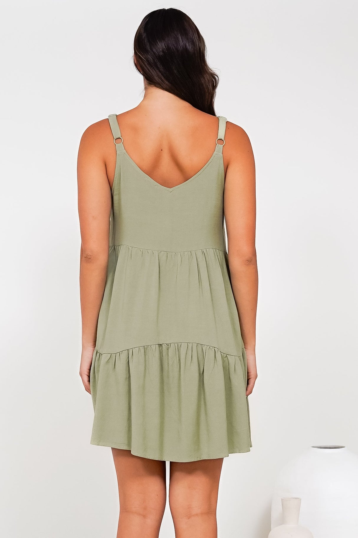 Missy Mini Dress - Thick Adjustable Strap Tiered Sun Dress in Sage