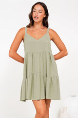 Missy Mini Dress - Thick Adjustable Strap Tiered Sun Dress in Sage